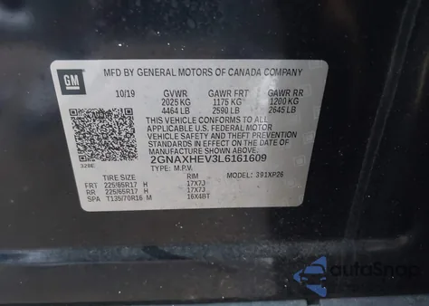 2020 Chevrolet Equinox Fwd Ls из США, поврежденный, VIN 2GNAXHEV3L6161609